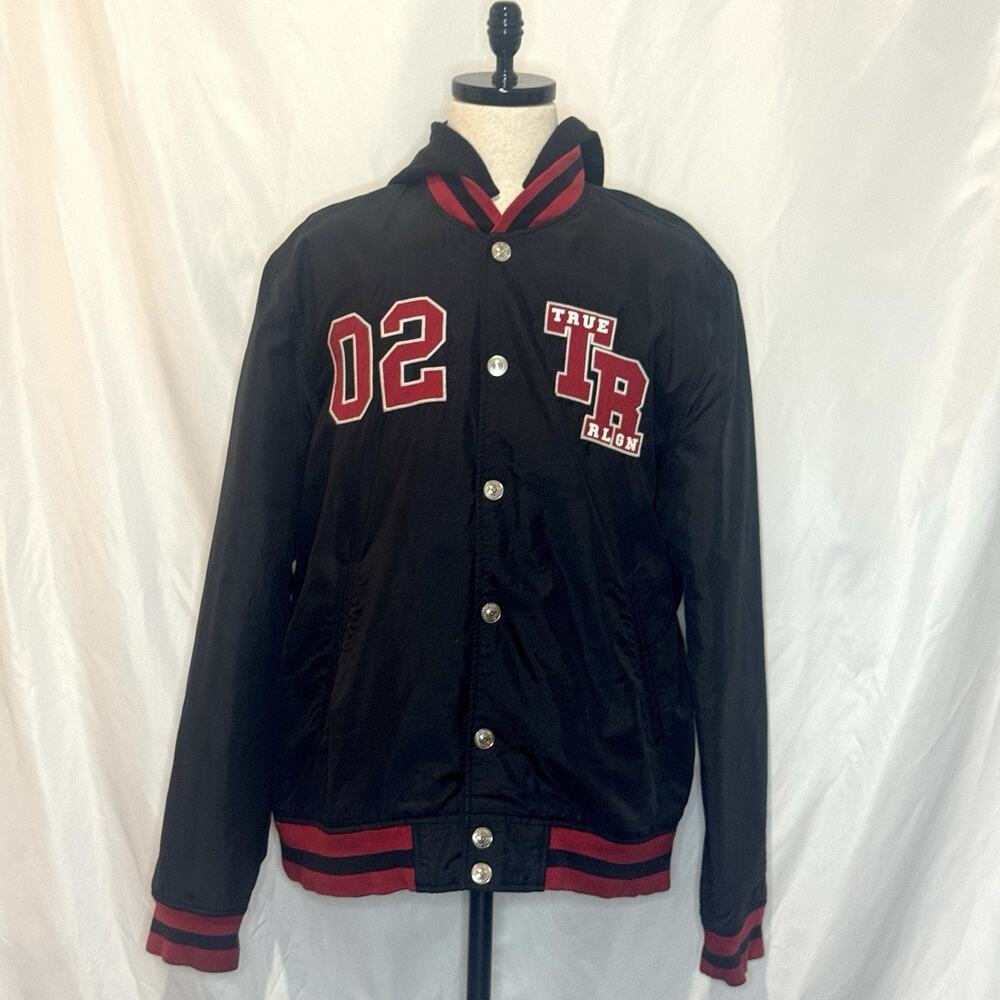 True Religion Varsity Jacket Mens 3XL Black Hooded Snap Front Panther Patch Y2K